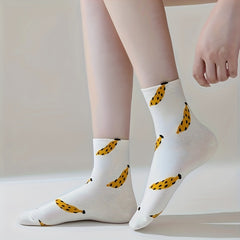 5 Pairs Fruit & Vegetable Print Socks Comfy Crew Socks Women's Stockings Hosiery