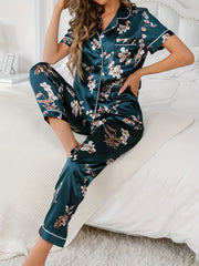 Floral Satin Pajama Set Short Sleeve Pocket Top & Long Pants