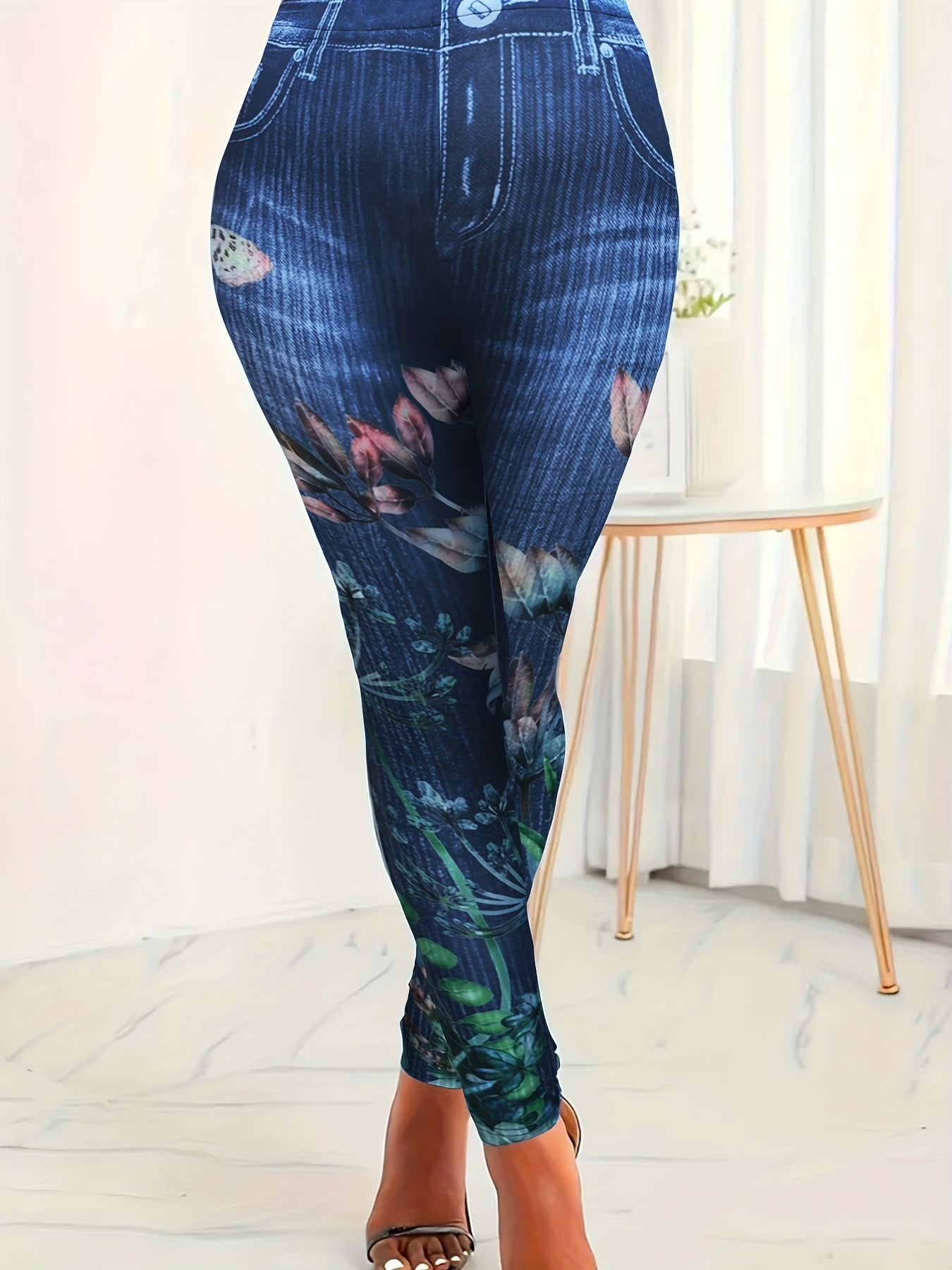 Women's Plus Floral Denim Print High Rise Leggings