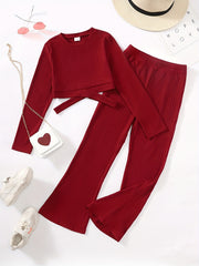 Girls Ribbed Cut Out Top & Flared Pants Set