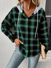 Plaid Print Hooded Jacket Casual Drawstring Long Sleeve
