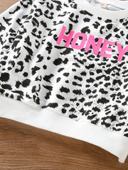 Leopard Letter Print Sweatshirt Round Neck Long Sleeve