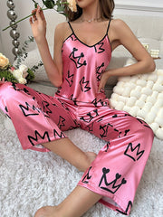 Crown Print Pajama Set V Neck Cami Top & Elastic Waistband Pants