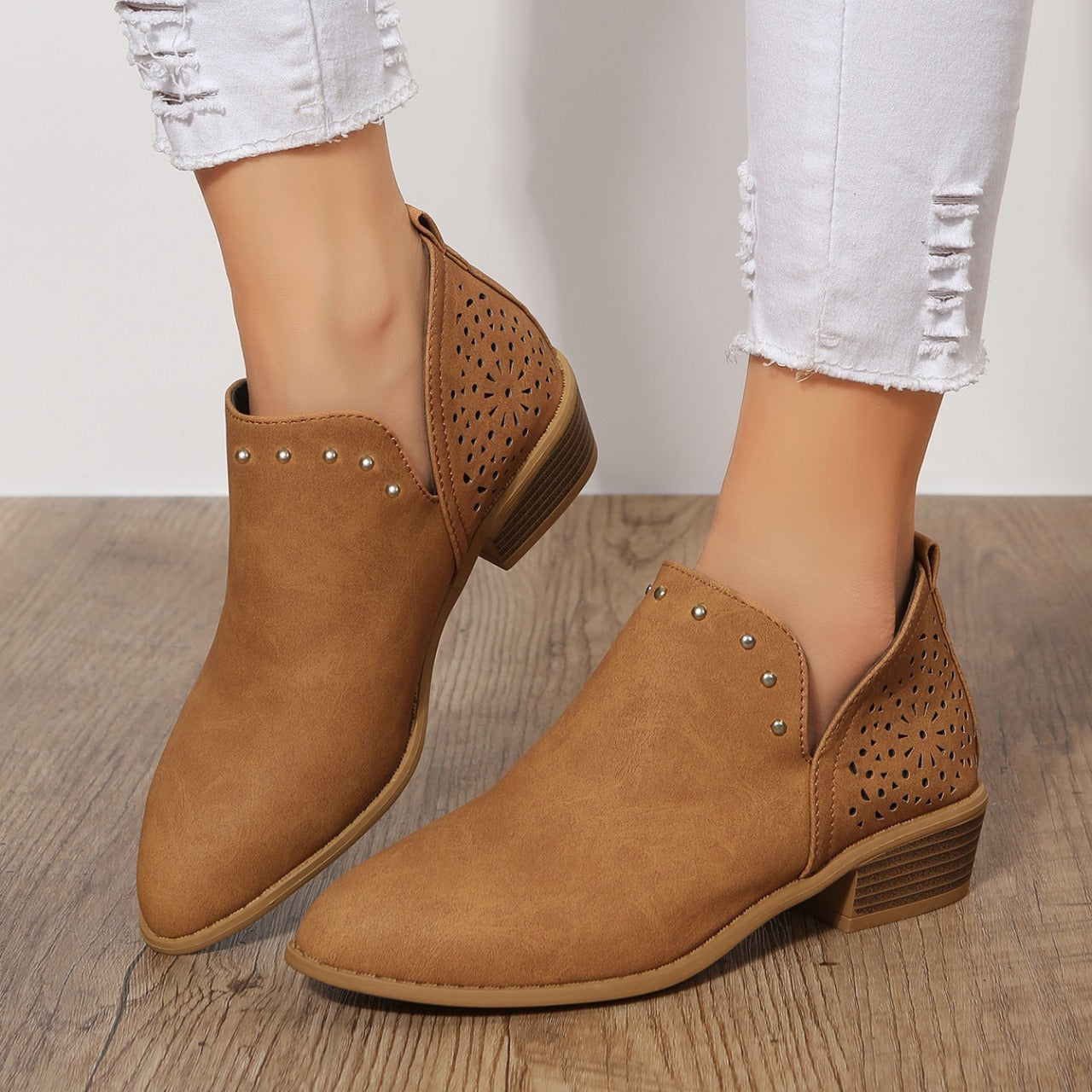 Women's Retro Hollow Out Chunky Heel Ankle Boots