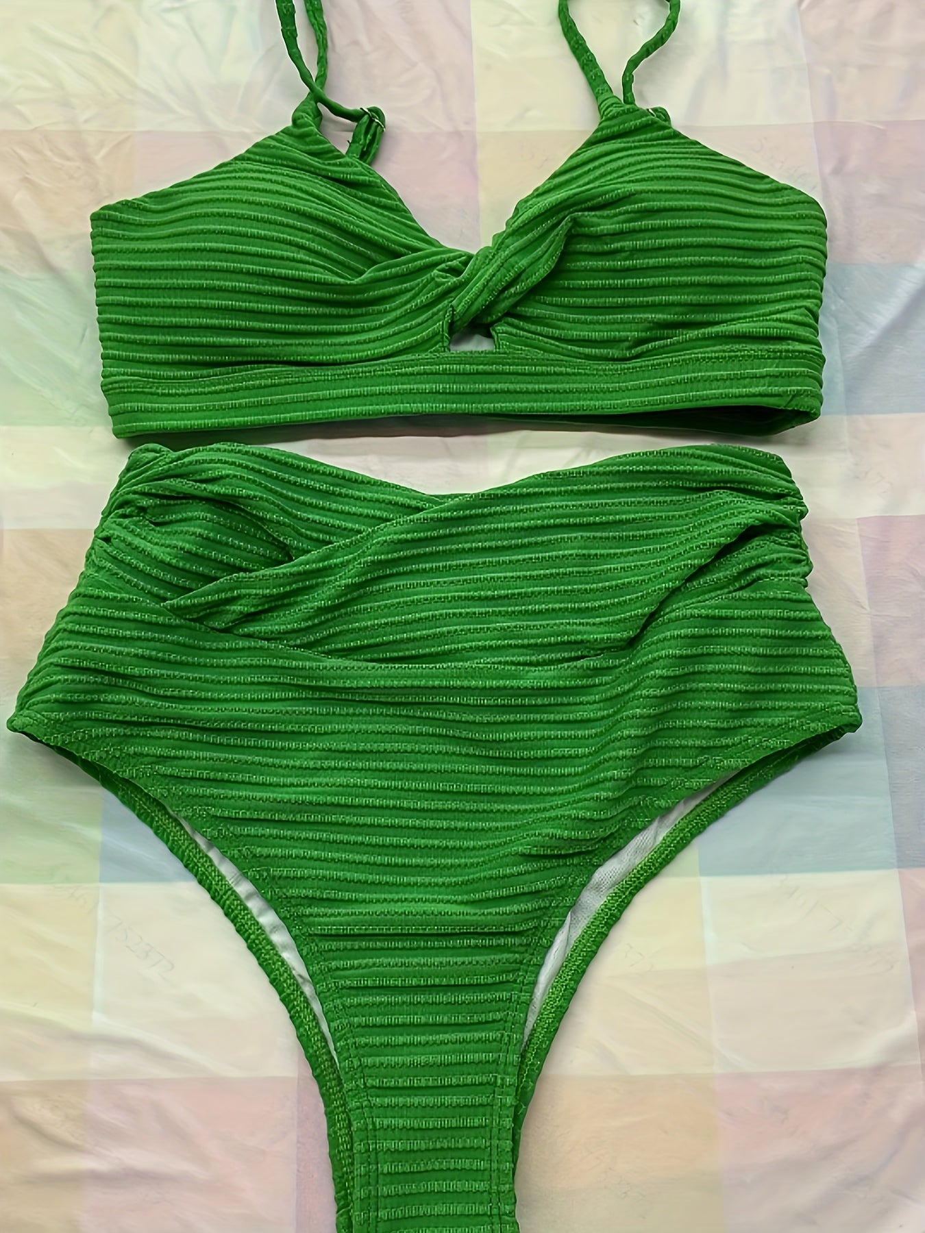 Green Twisted Sexy Bikini Set V Neck High Waist Two Piece Swimsuit
