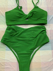 Green Twisted Sexy Bikini Set V Neck High Waist Two Piece Swimsuit