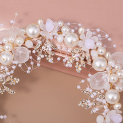 Pearl Floral Headband Golden Leaf Tiara Headgear