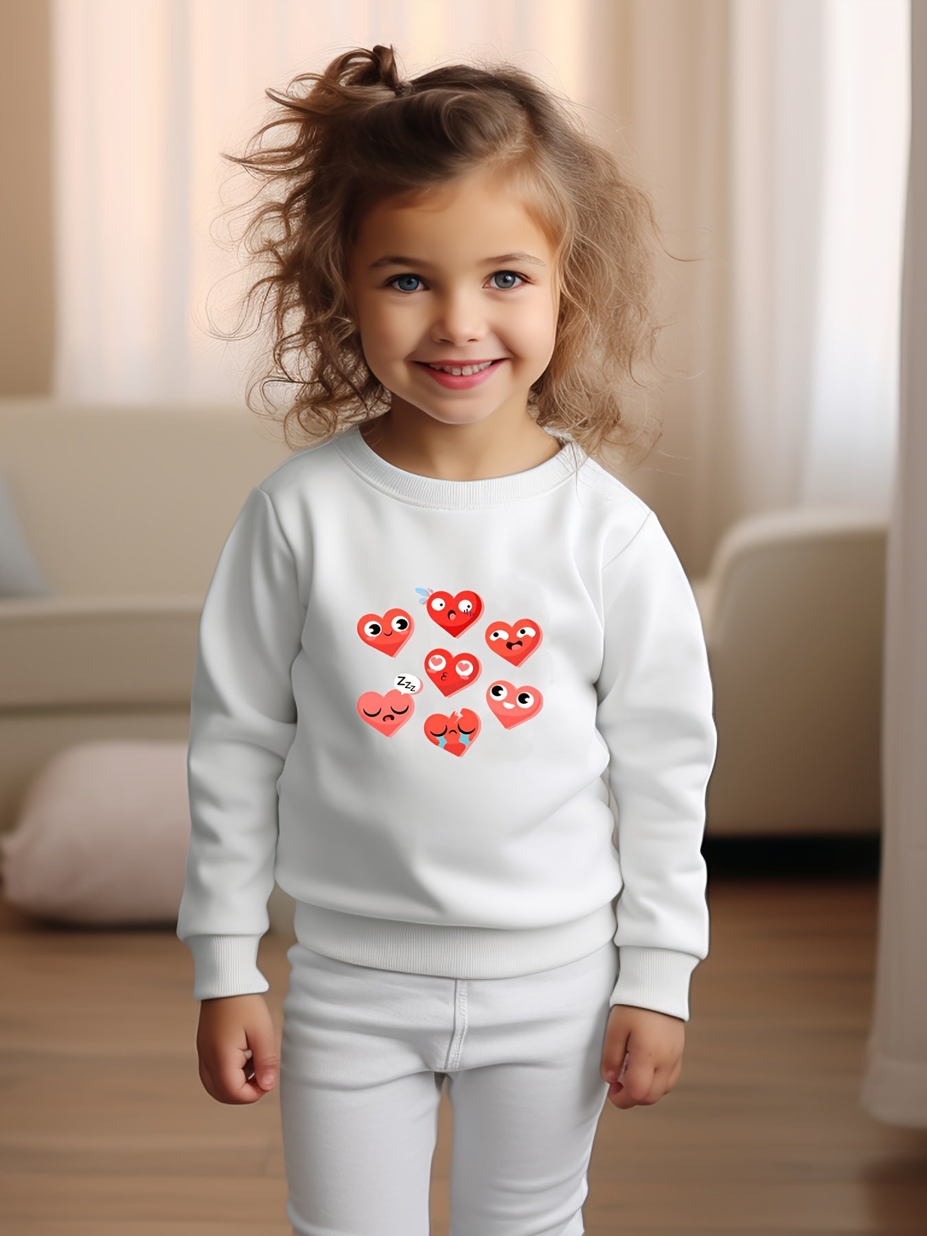 Hearts Print Girls Casual Pullover Sweatshirt Long Sleeve Crew Neck Tops