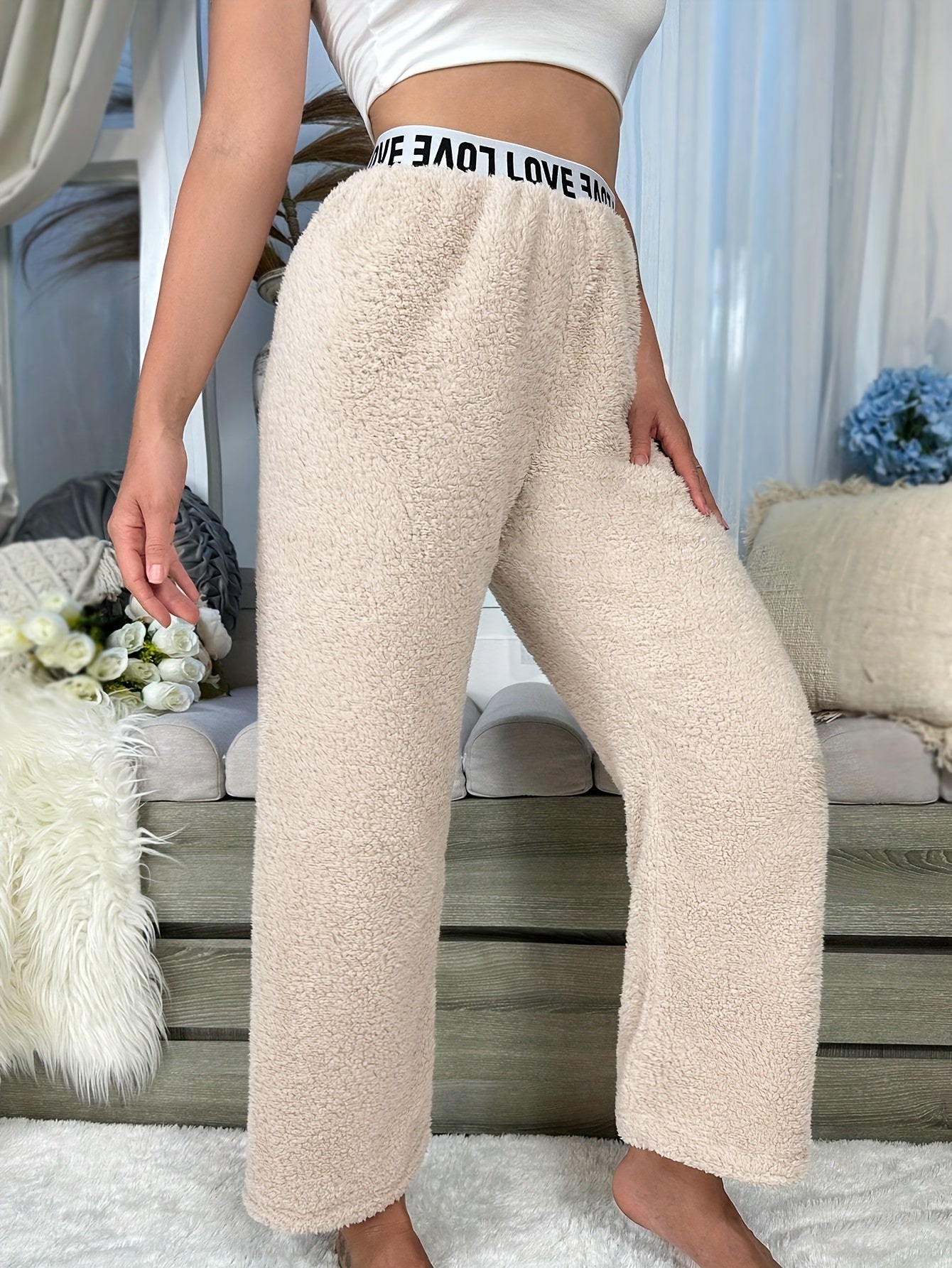 Cozy Letter Print Lounge Pants Elastic Waistband