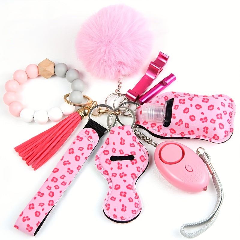 9Pcs Safety Keychain Set Women Alarm Silicone Bracelet Tassel Pompom