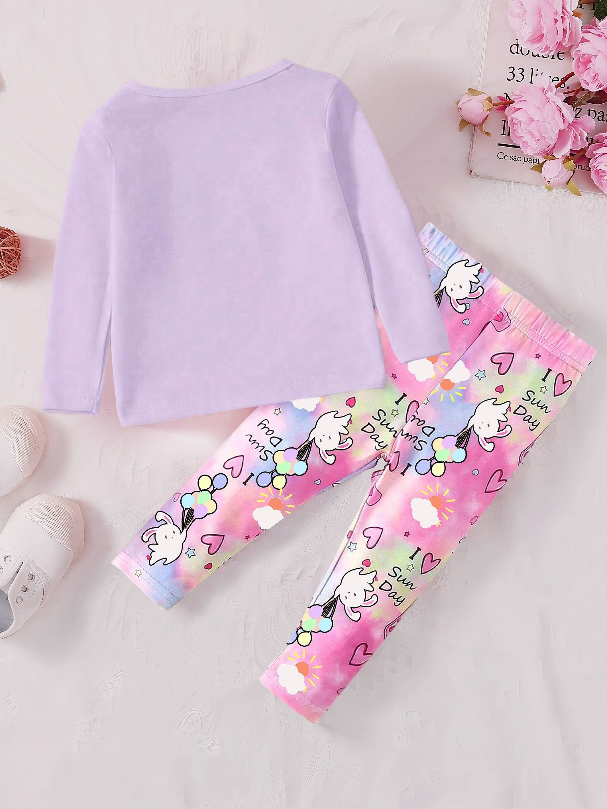 Rabbit Print Long Sleeve Sweatshirt Pants Set for Baby Girls