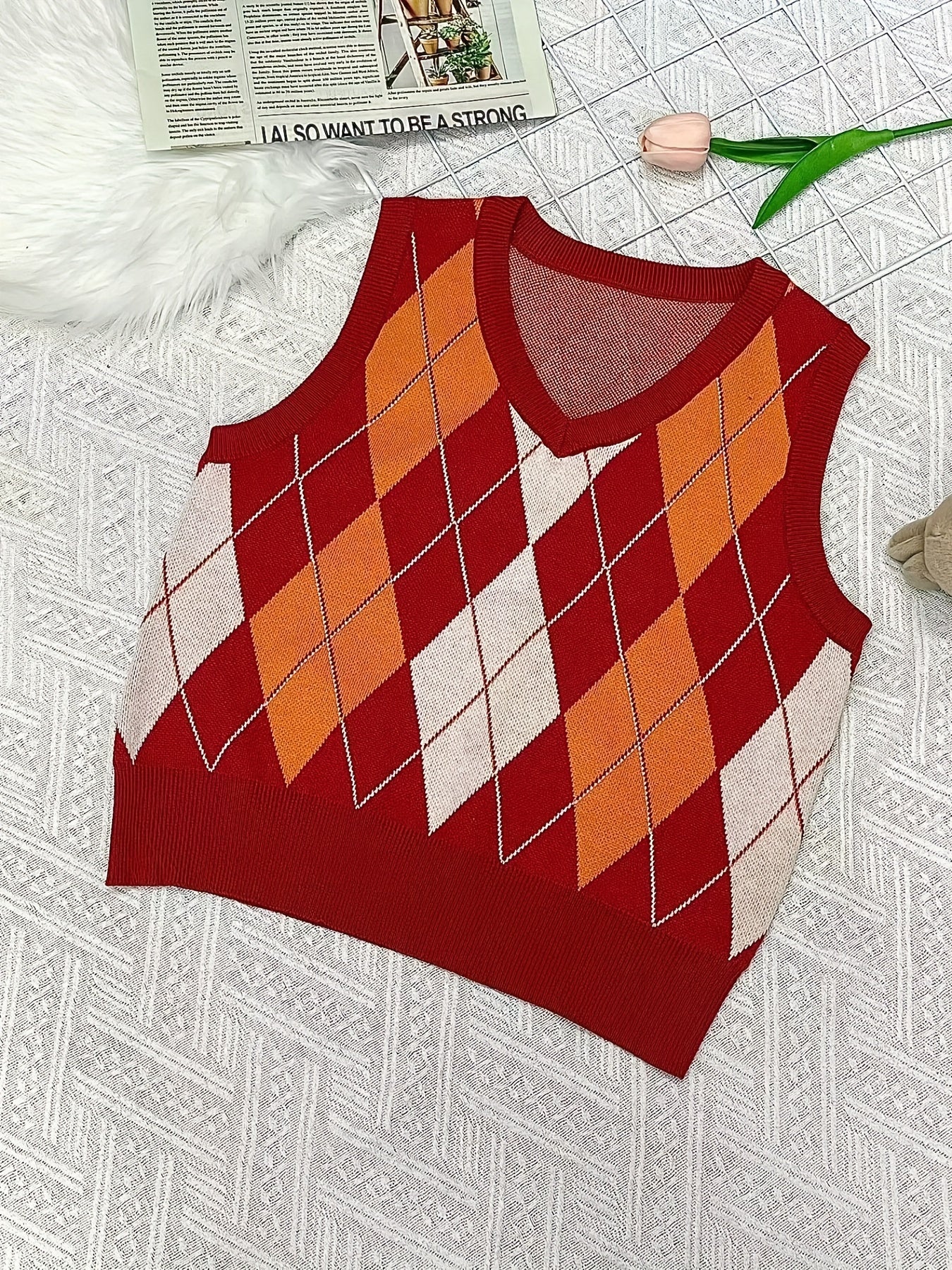 Big Girls Casual V-neck Argyle Graphic Knitted Vest