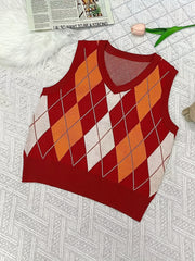 Big Girls Casual V-neck Argyle Graphic Knitted Vest
