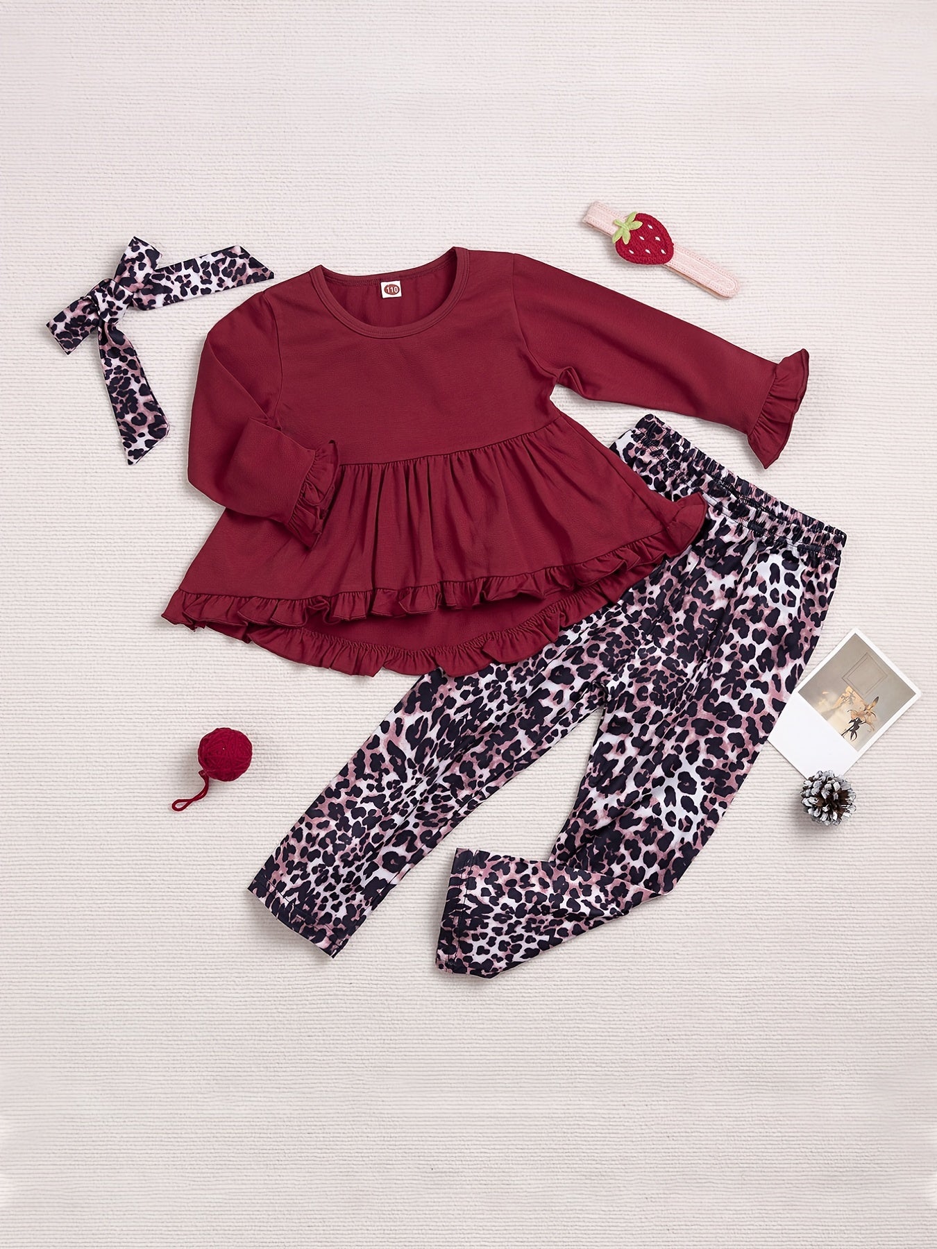 Girls' Frill Trim Peplum Top and Leopard Bow Pant Set