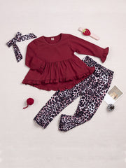 Girls' Frill Trim Peplum Top and Leopard Bow Pant Set