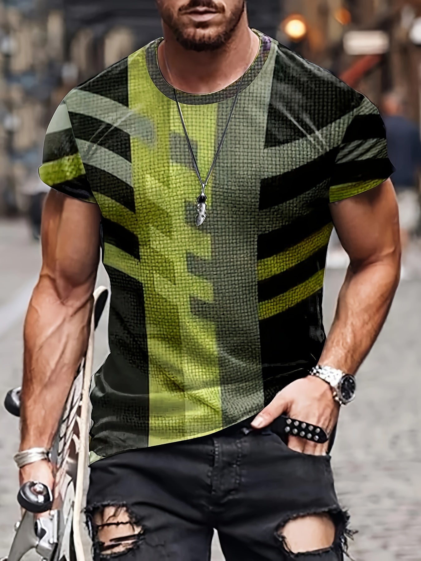 Men's Vintage Printed Sports T-shirt Casual Round Neck Tee Shirt