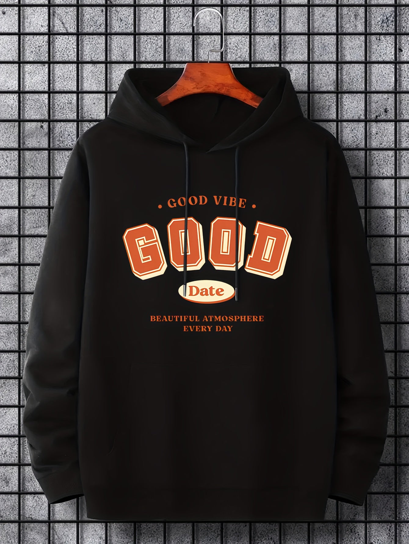 Men's Good Date Print Hoodie Casual Breathable Drawstring Hooded Sweatshirt
