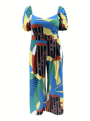Sexy Jumpsuit Cut Out Bow Knot Back Puff Sleeve V Neck