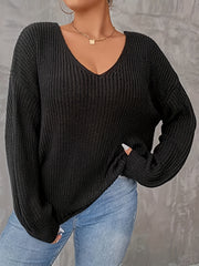 Casual Sweater Women's Plus Solid Lantern Sleeve V Neck Twist Back