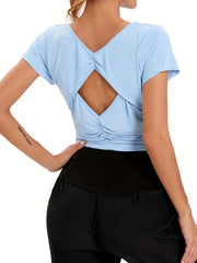 Solid Argyle Pleated Yoga Top with Hollow Back