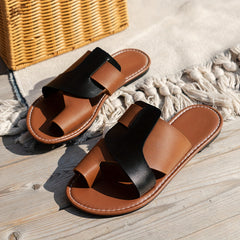 Women's Contrast Slide Sandals Loop Toe Flat Summer Lightweight Beach Shoes