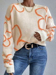 Flower Pattern Knitted Pullover Sweater Crew Neck Long Sleeve for Fall & Winter