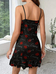Lips Print Ruffle Nightdress Crew Neck Sleep Dress Women's Sleepwear
