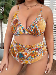 Boho Bikini Set Women's Plus Paisley Print Tie Back Bra & High Waist Panty