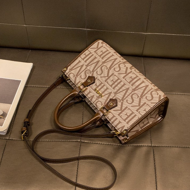 Beige Split Leather Tote Bag with VIKING Print Removable Strap Zipper Closure