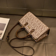 Beige Split Leather Tote Bag with VIKING Print Removable Strap Zipper Closure