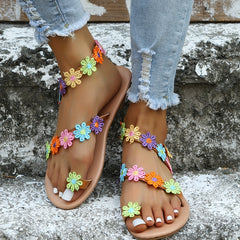 Women's Colorful Flower Flat Sandals Tribal Style Toe Loop Slip On Shoes