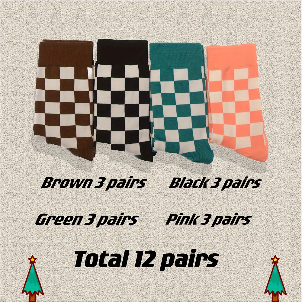 12 Pairs Plaid Crew Socks Comfy & Breathable All match Sports Socks