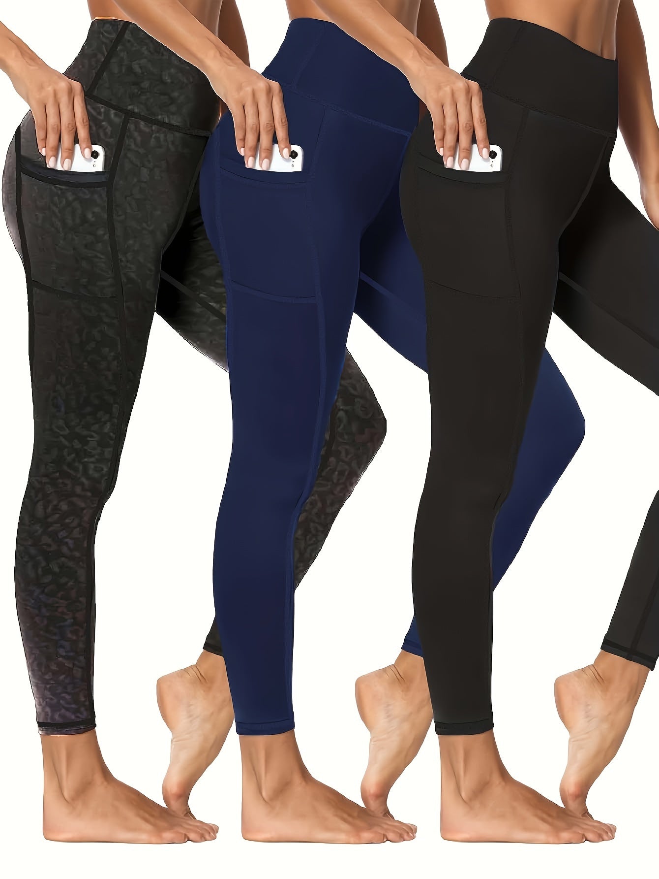 3 Pack Plus Size Sports Leggings Women's Plus Solid Pipping High Stretch Yoga