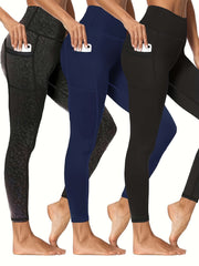 3 Pack Plus Size Sports Leggings Women's Plus Solid Pipping High Stretch Yoga