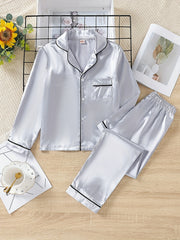 Boys 2pcs Pajamas Top & Pants Silver Solid Print Button Front PJ Set