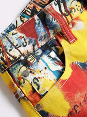 Boys Colorful Graffiti Streetwear Jeans Skinny Slim Fit Washed Denim Long Pants