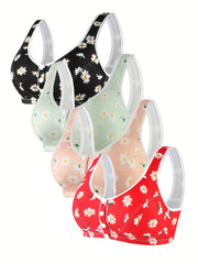 4pcs Floral Print Wireless Bras Front Buckle Push Up Bra Women's Lingerie