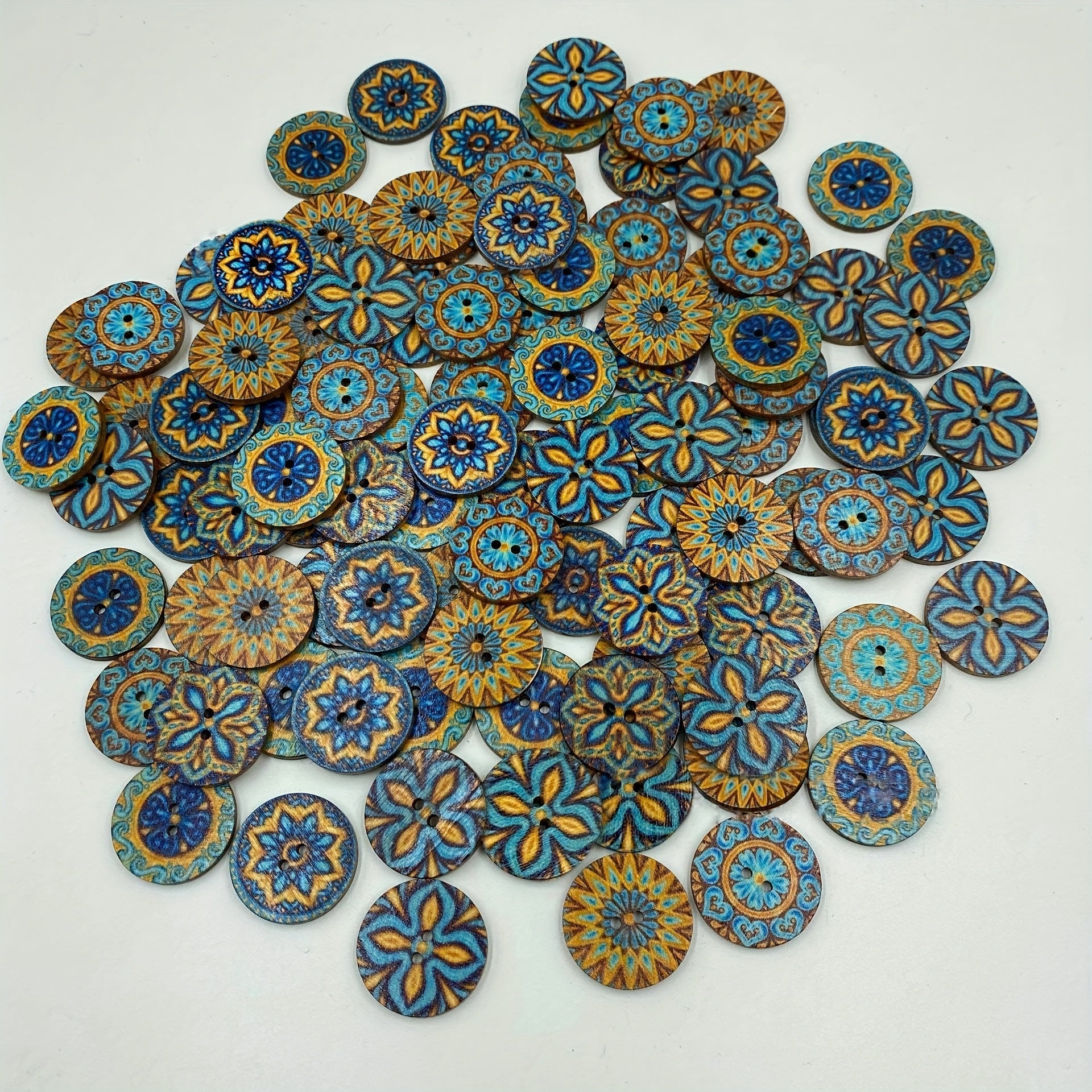 100pcs Wooden Sewing Buttons Flower Painting Round 2 Hole Bohemian Buttons