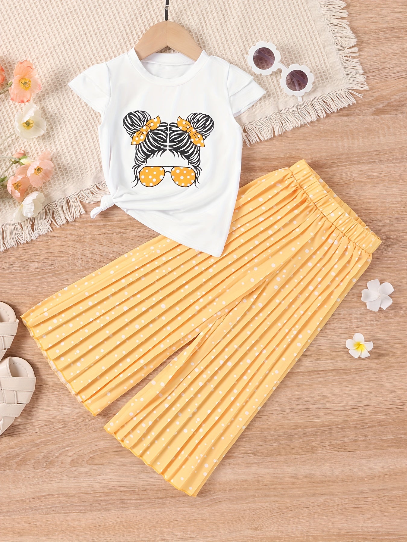Girls Pretty Girl Graphic Print T shirt & Leopard Wide Leg Pants Set
