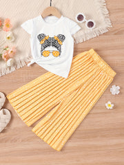 Girls Pretty Girl Graphic Print T shirt & Leopard Wide Leg Pants Set