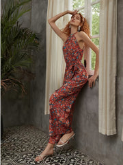 Boho Floral Print Sleeveless Jumpsuit Vintage Wide Leg Jumpsuit