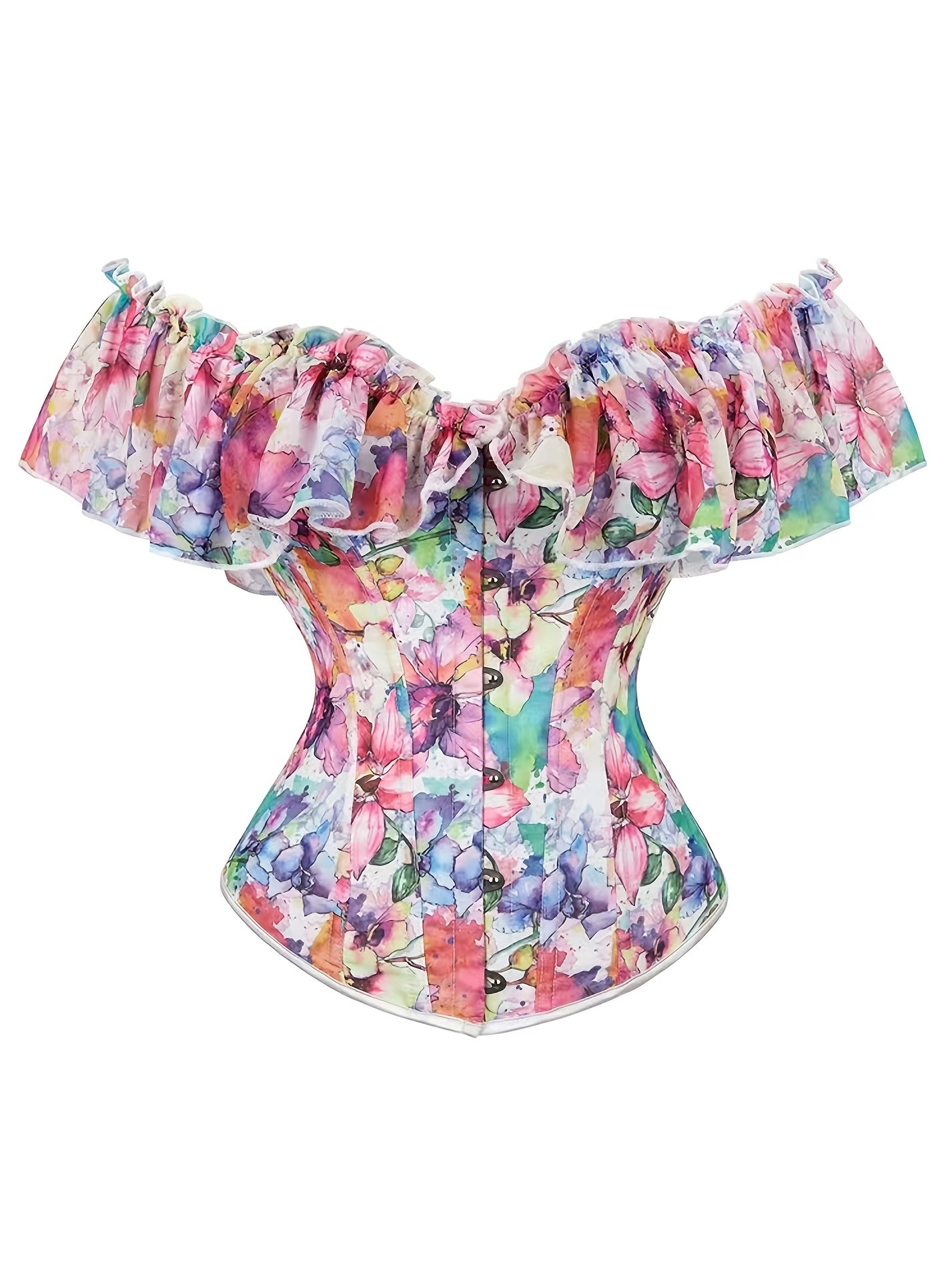 Pastel Floral Corset Top Off Shoulder All Over Print Adjustable Waist Cincher