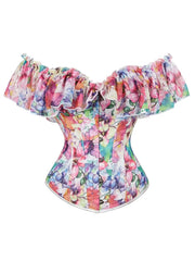 Pastel Floral Corset Top Off Shoulder All Over Print Adjustable Waist Cincher