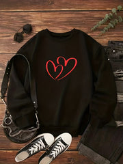 Heart Print Pullover Crew Neck Sweatshirt for Women