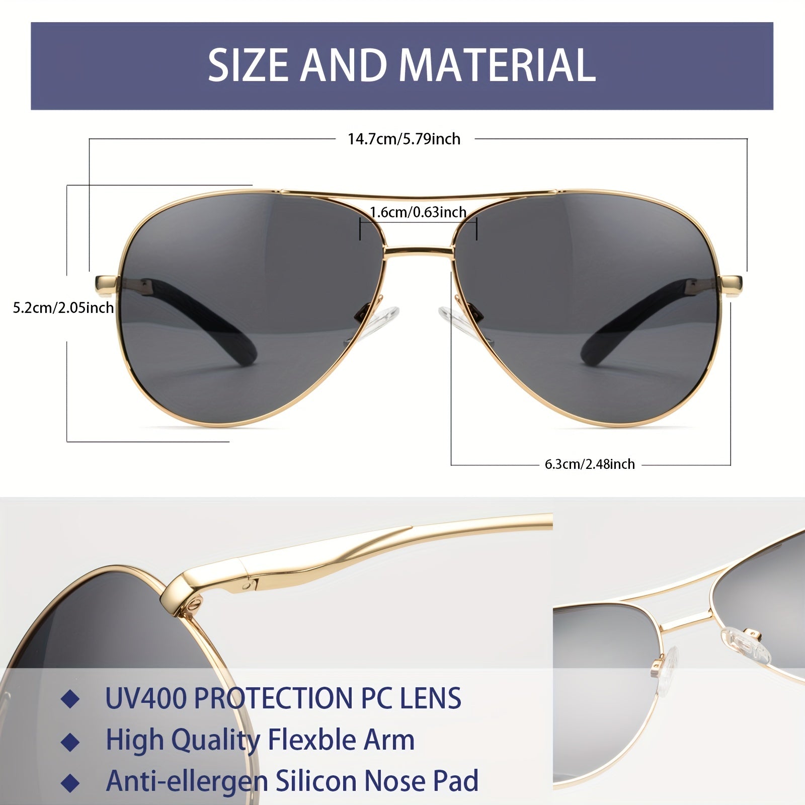 OUWEN Aviator Sunglasses Golden Frame Gray Lens UV Protection