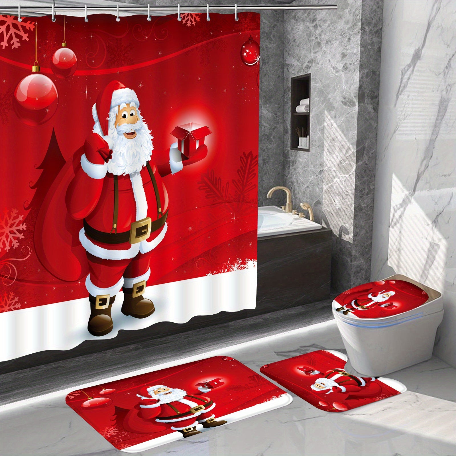 Christmas Shower Curtain Set Winter Santa Claus Tree Snowflake Print