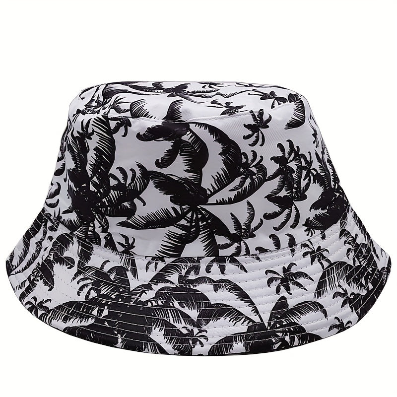 Coconut Tree Print Bucket Hat Solid Reversible Fisherman Cap