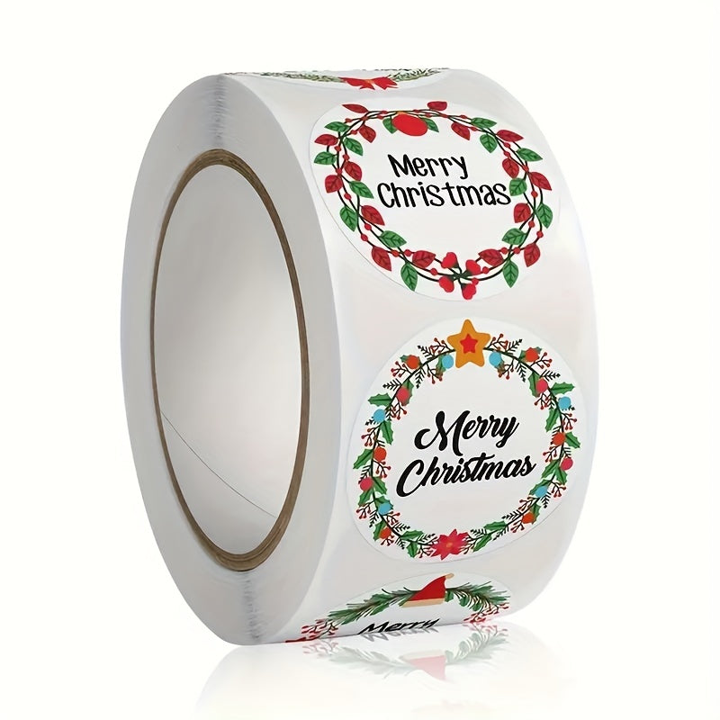 2 Rolls 1000pcs Merry Christmas Holiday Stickers - Adhesive Wreath Stickers