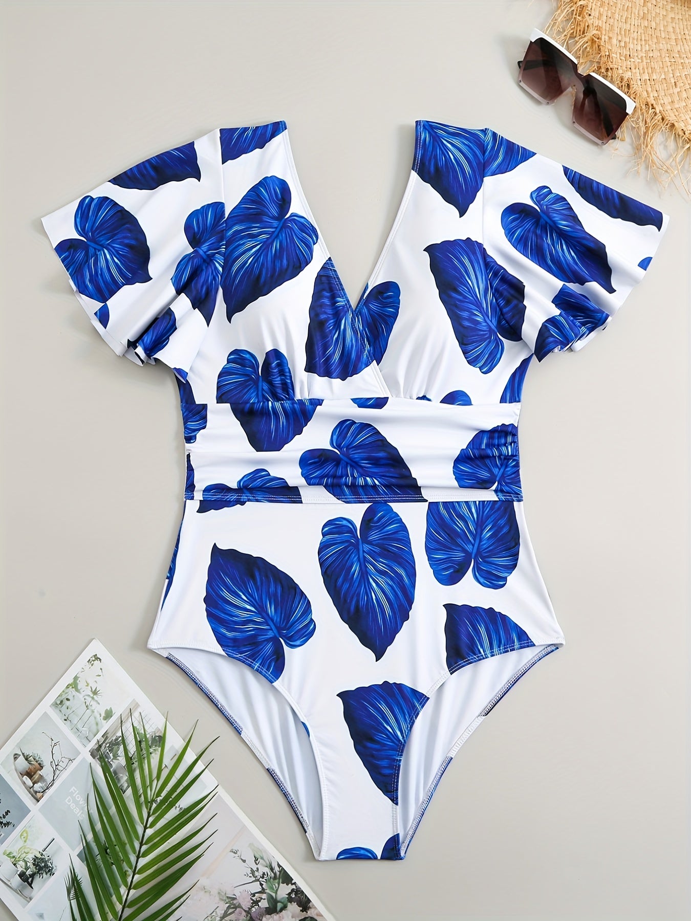 Casual Swimsuit Women's Plus Leaf Print Cap Sleeve One Piece Swimsuit