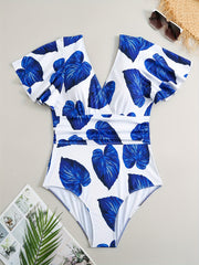 Casual Swimsuit Women's Plus Leaf Print Cap Sleeve One Piece Swimsuit